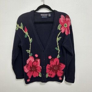 Vintage Herman Geist Hand Embroidered Cardigan Blue Floral M Dark Cottagecore